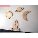 Wooden figure Rocket sun saturn moon, set 4 pcs
