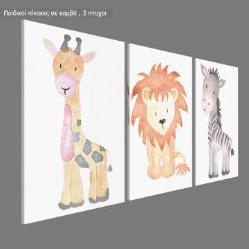 Kids canvas print Animals painted, giraffe, lion,zebra,3 panels 2