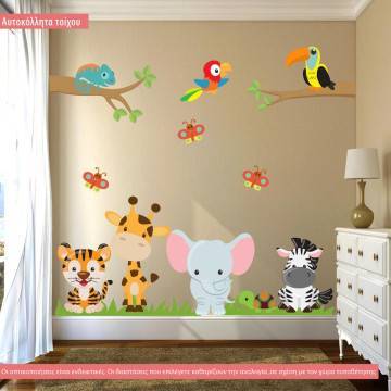 Kids Safari wall stickers large set animalsjungle. Cartoon tiger, giraffe, elephant, zebra, turtle, chameleon, parrot, toucan, butterflies, grass. 2