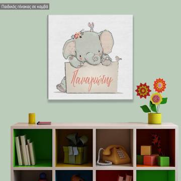 Kids canvas print Little lovely elephant with mouse and bird