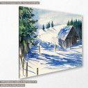 Canvas print Winter landscape with small house, side