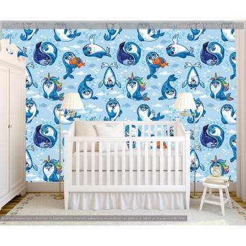 Wallpaper Baby seals blue, pattern