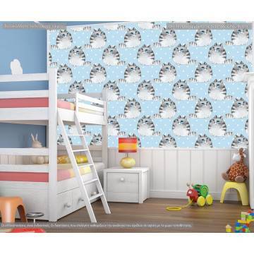 Wallpaper Watercolor cartoon cats (blue), pattern