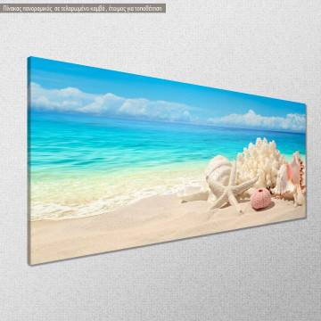 Πίνακας σε καμβά Seashells on sand beach πανοραμικός Καμβάς τελαρωμένος Όψη 1 2
