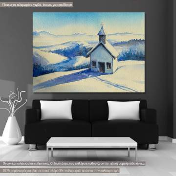 Πίνακας σε καμβά Χιονισμένο εκκλησάκι, Rustic church in winter rural landscape