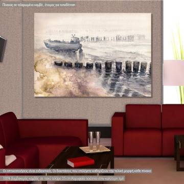 Canvas print  Fishing boat moored during fog