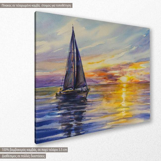 Yacht sailing against sunset, πίνακας σε καμβά, κοντινό