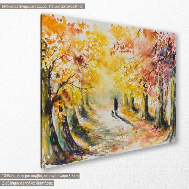 Canvas print Autumn park, Man walking with a dog in autumn park, side