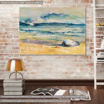 Canvas print Sea shell on a beach with sea in background