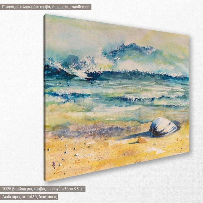 Canvas print Sea shell on a beach with sea in background, side