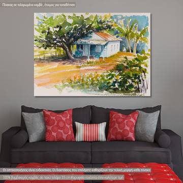 Πίνακας σε καμβά Τροπικό τοπίο, Blue bungalow and tropical garden