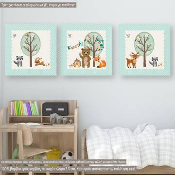 Kids canvas print animals with name,  3 panels