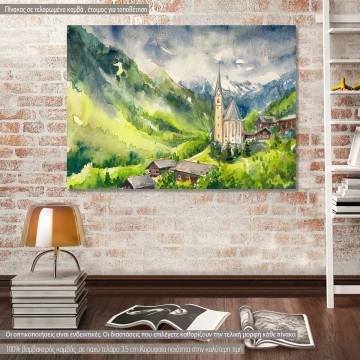 Πίνακας σε καμβά Χωριό στις Άλπεις, Village at the foot of the Alps