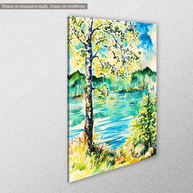 Birch on the shore of lake, πίνακας σε καμβά, κοντινό