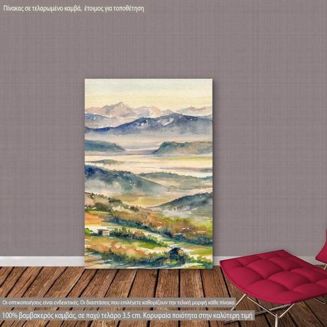 Canvas print Hills and river in the mist