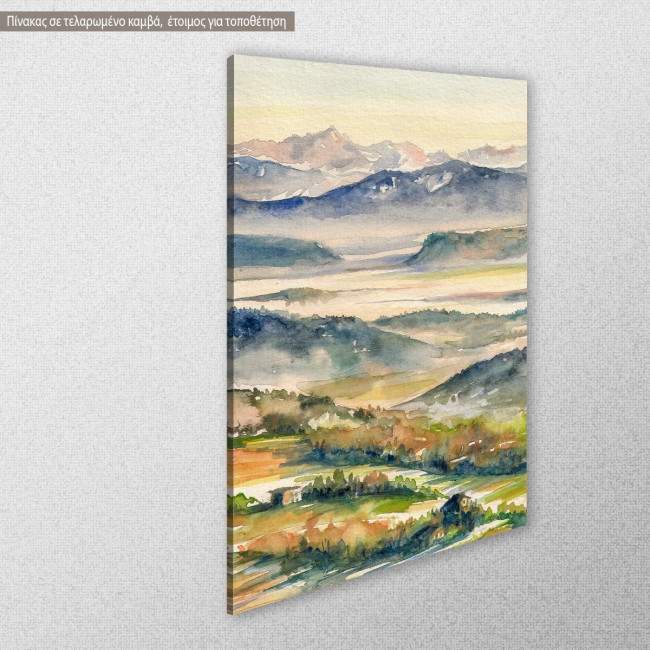 Canvas print Hills and river in the mist, side