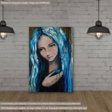 Canvas print Woman with blue hair holding small heart