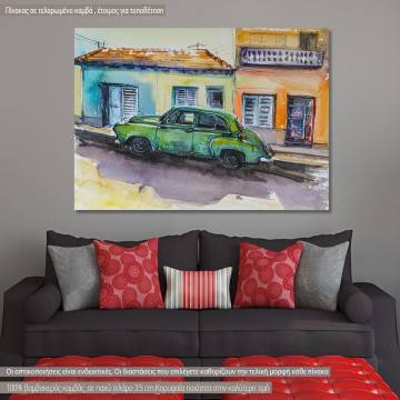 Canvas print Green car and colorful  houses