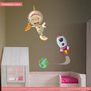 Αυτοκόλλητα τοίχου παιδικά Αστροναύτης κοριτσάκι, πύραυλος και υδρόγειος