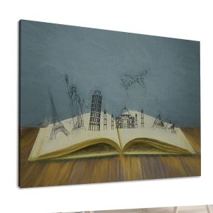 Modern canvas print The travel book, featuring illustrated travel landmarks in grey and earthy tones. 2