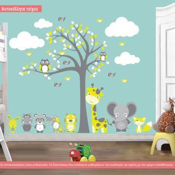 Αυτοκόλλητα τοίχου παιδικά Ζωάκια φιλαράκια στο δέντρο, ολόκληρη παράσταση με ζωάκια