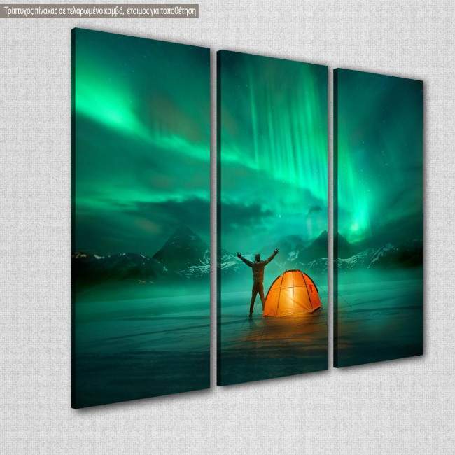 Canvas print Camping in wild northern mountains,  3 panels, side