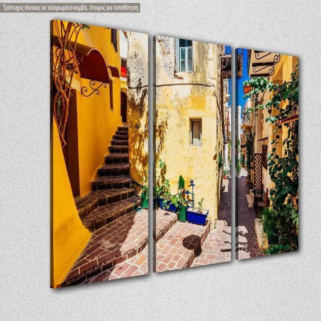 Colorful mediterranean street in Crete, τρίπτυχος πίνακας σε καμβά, κοντινό