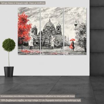 Canvas print Street view of Berlin, red and grayscale,  3 panels