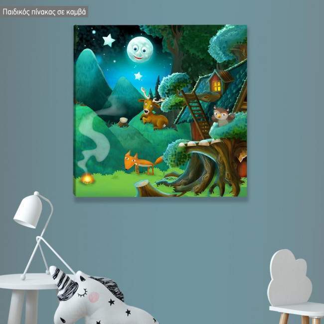 Ένα βράδυ στο δάσος, παιδικός πίνακας σε καμβά με ζωάκια