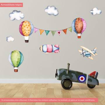 Kids wall stickers Hot air balloons, clouds, airplane