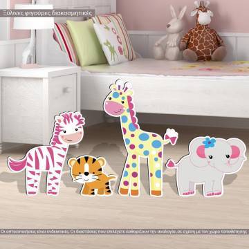 Wooden figure printed Cute pink animals set