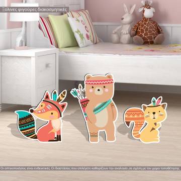 Wooden figure printed Tribal  Fox,  bear squirell