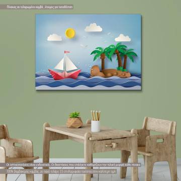 Πίνακας παιδικός σε καμβά Paper sailing boat and island
