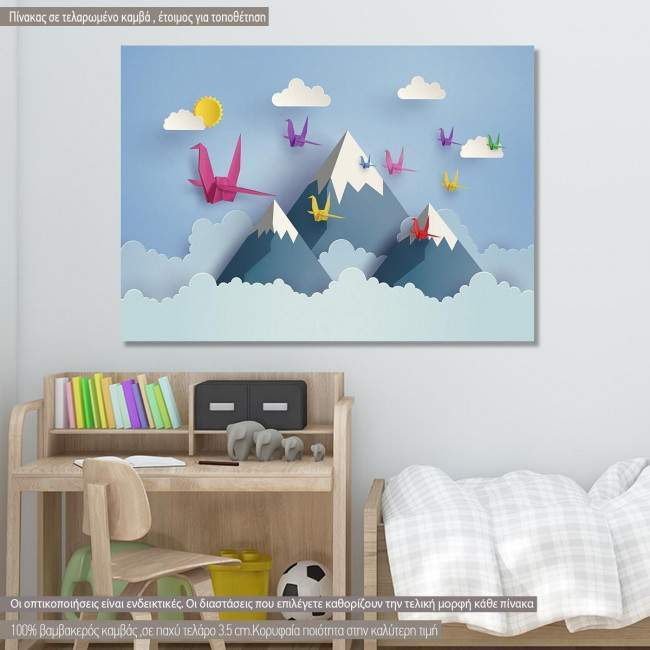 Πίνακας παιδικός σε καμβά Origami birds and moutains