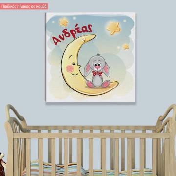 Kids canvas print At moon, rabbit, stars with name