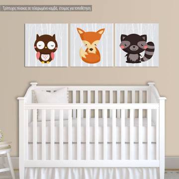 Πίνακας παιδικός σε καμβά  Ζωάκια του Δάσους, κουκουβάγια, αλεπού και ρακούν, τρίπτυχος