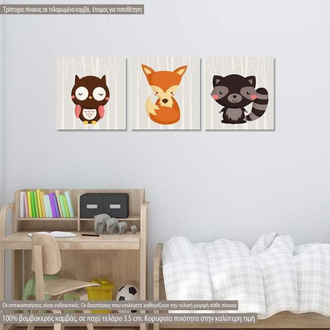 Kids canvas print  Forest Animals  3 panels