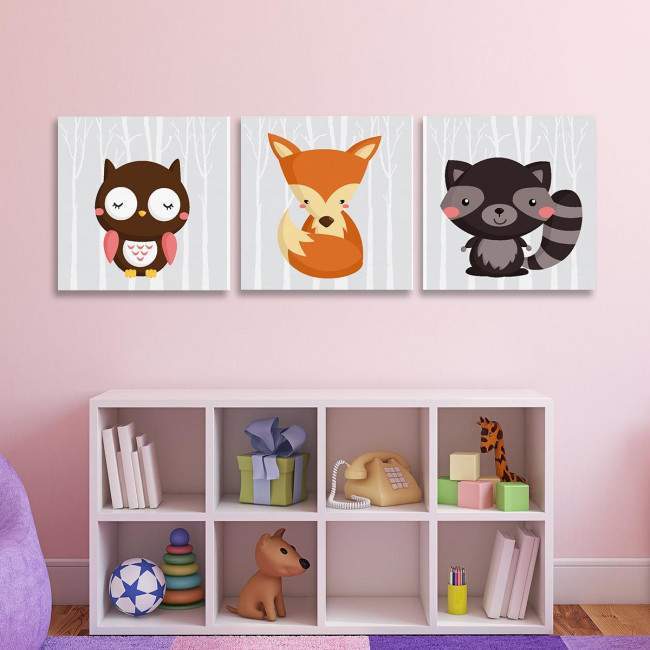 Kids canvas print  Forest Animals  3 panels