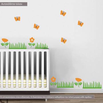 Kids wall stickers  flowers butterflies and grass