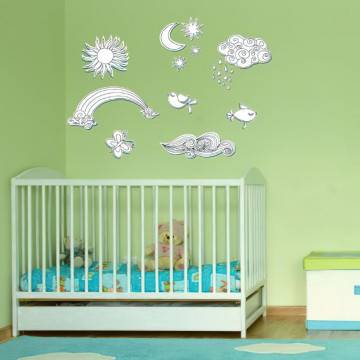 Wall stickers sun, moon, rainbow, clouds and birds, Retro nostalgic shapes