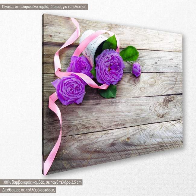 Roses on wood mauve, πίνακας σε καμβά με τριαντάφυλλο, κοντινό