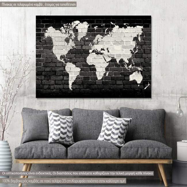 Πίνακας σε καμβά χάρτης παγκόσμιος, λευκός σε μαύρο τοίχο, Bricks World Map White on Black