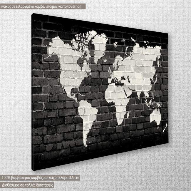 Canvas print Bricks World Map White on Black, side