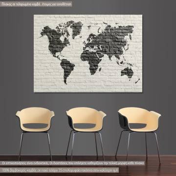 Πίνακας σε καμβά χάρτης παγκόσμιος σε τοίχο, White Bricks Embed World Map