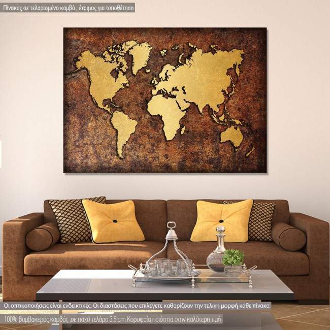 Canvas print world map rusty gold
