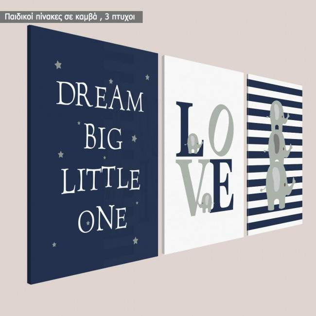 Πίνακας παιδικός σε καμβά Dream Big ΙΙΙ, τρίπτυχος, καμβάς τελαρωμένος 1α
