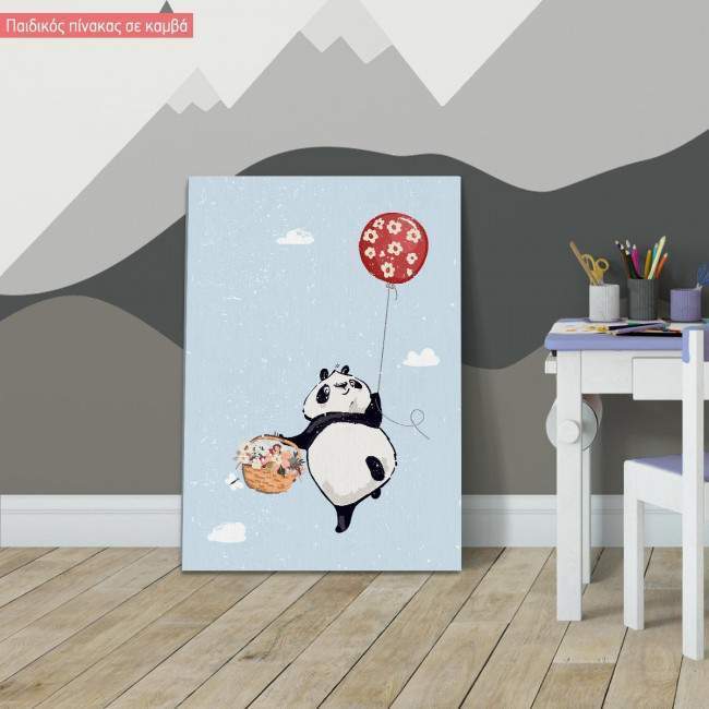 Kids canvas print Panda with balloons at clouds