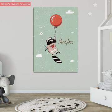 Kids canvas print Racoon with balloons at clouds