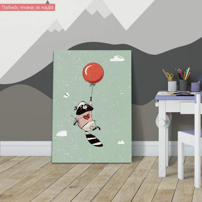Kids canvas print Racoon with balloons at clouds