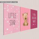 Πίνακας παιδικός σε καμβά Little star, new adventure, girl bear, τρίπτυχος, καμβάς τελαρωμένος